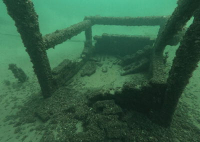Versunkene und bewachsene Konstruktion unter Wasser im Geiseltalsee